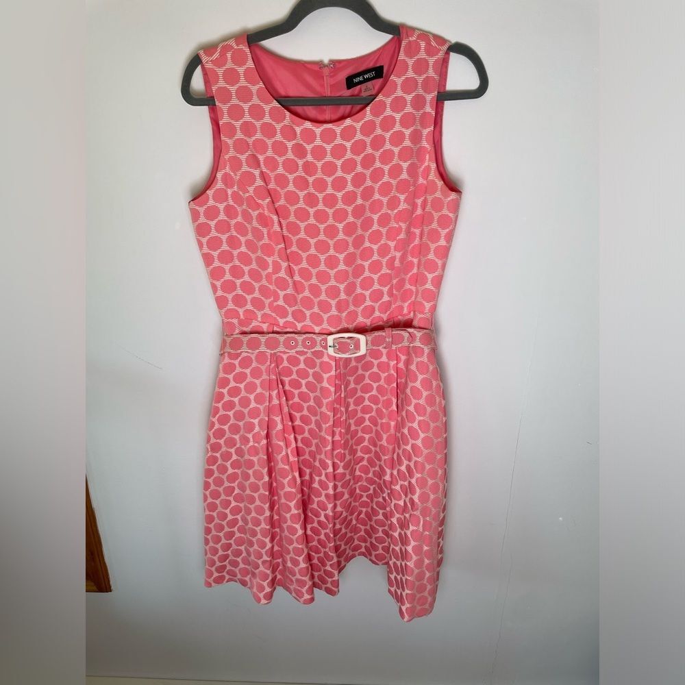 Nine West pink and white polka dots fit and flare with belt size 6